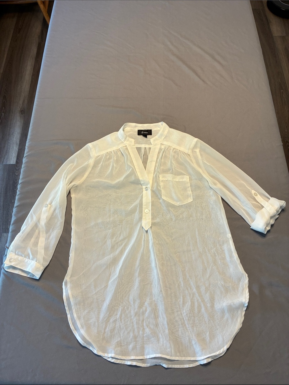 Bwear White Sheer Split-Neck Blouse with Roll-Tab Sleeves